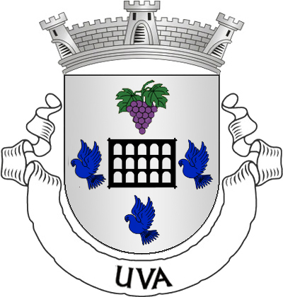 Escudo de prata, com pombal de negro entre um cacho de uvas de púrpura, folhado de verde, em chefe e três seixas de azul, nos flancos e na campanha. Coroa mural de prata de três torres. Listel branco, com a legenda a negro: «UVA».